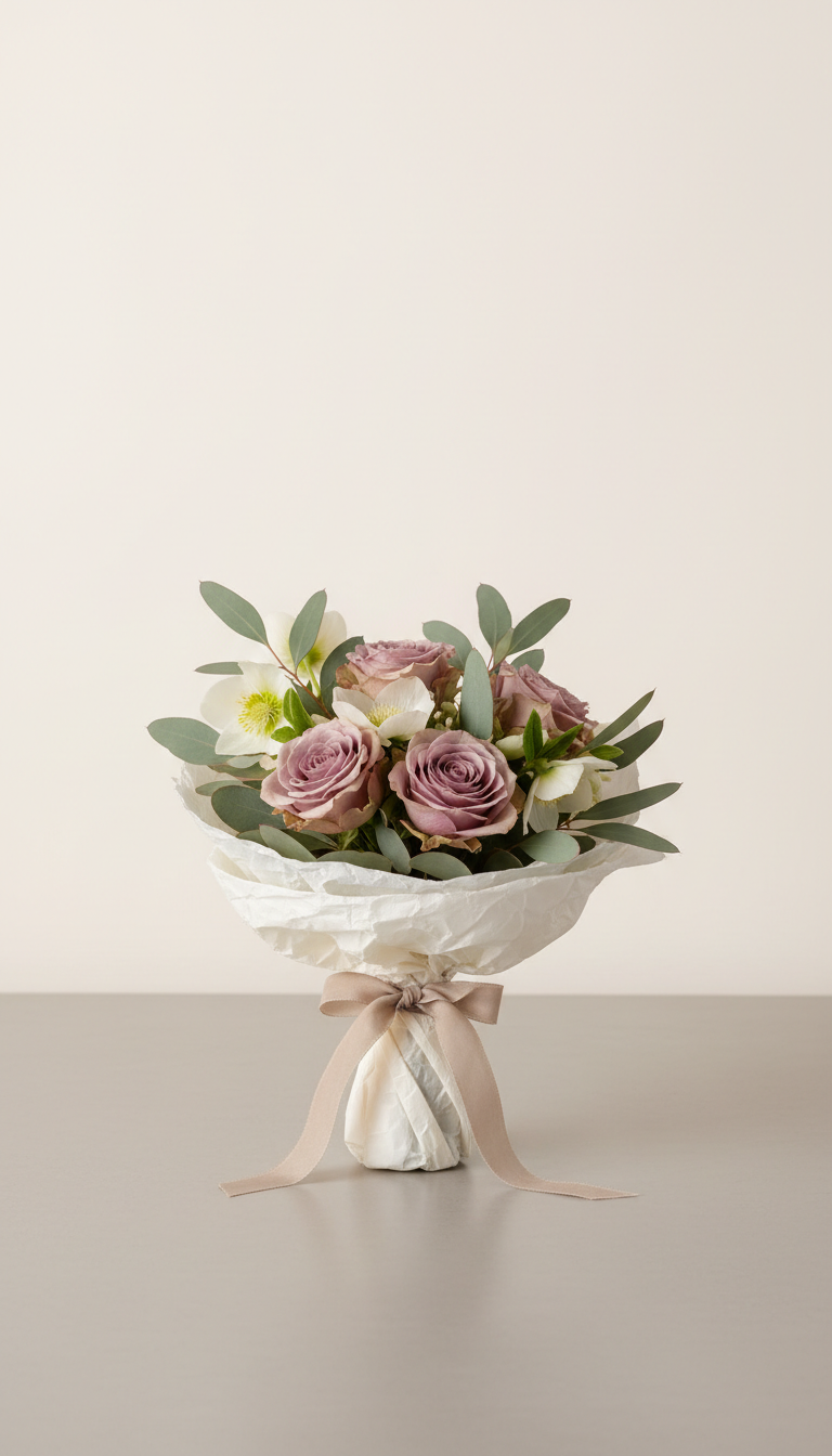 Petite mauve and sage bouquet in raw-edged paper wrap