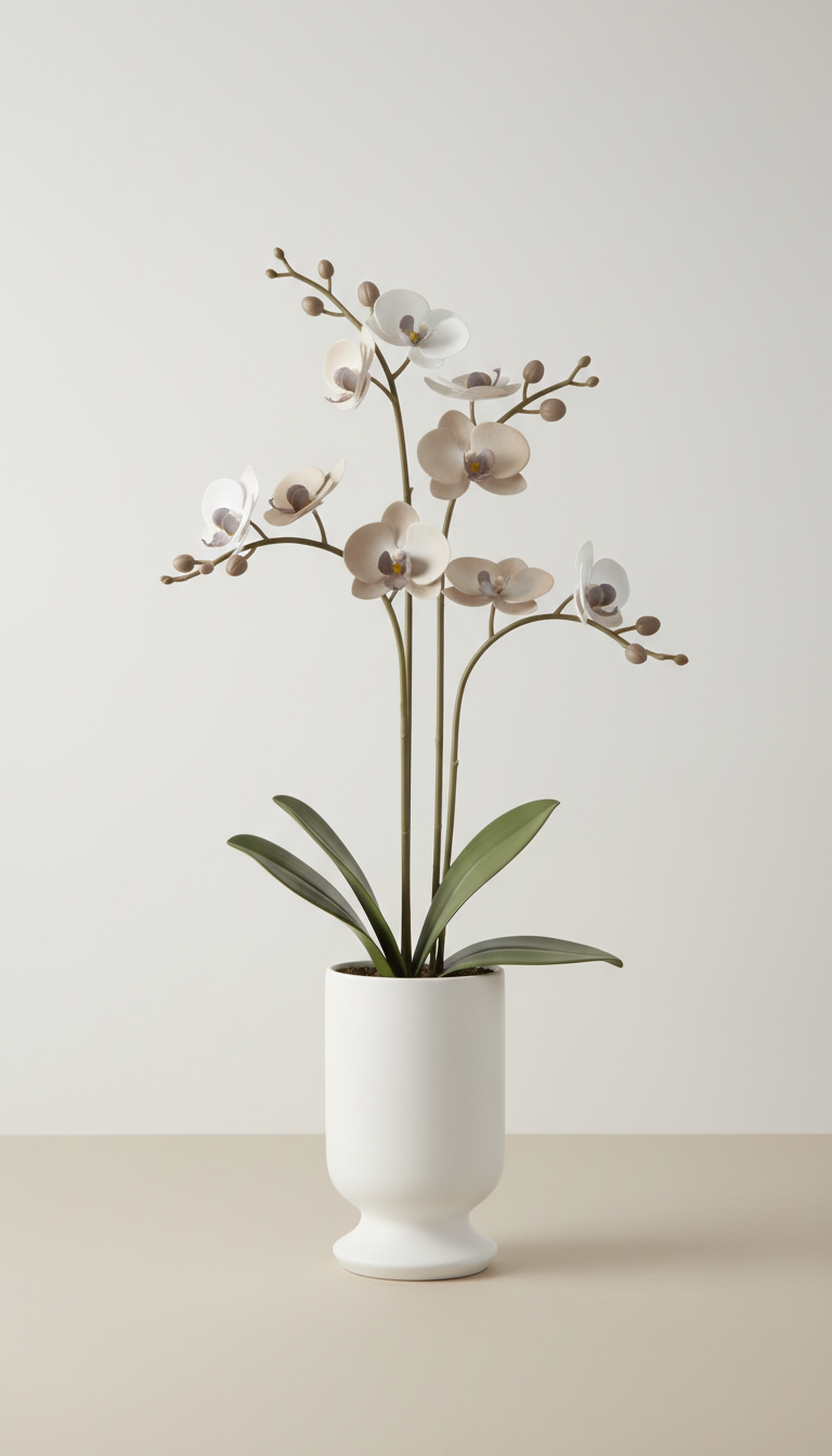 Tall orchid arrangement in matte white ceramic